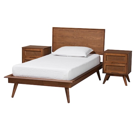 Baxton Studio Melora Mid-Century Modern Walnut Brown Finished Wood and Rattan Twin Size 3-Piece Bedroom Set 241-11178-11179-11298-ZORO